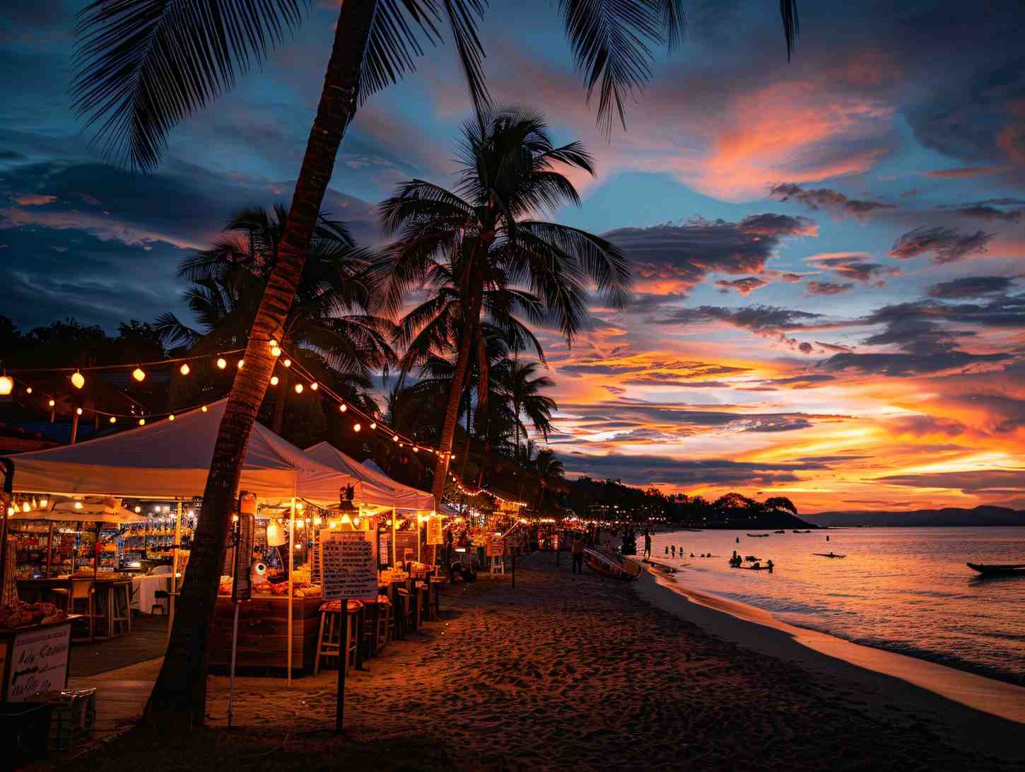 A lively beachside market glowing with warm string lights at sunset, with food stalls, palm trees, and people enjoying the shoreline, capturing the energetic vibe often associated with nightlife in Panjim.