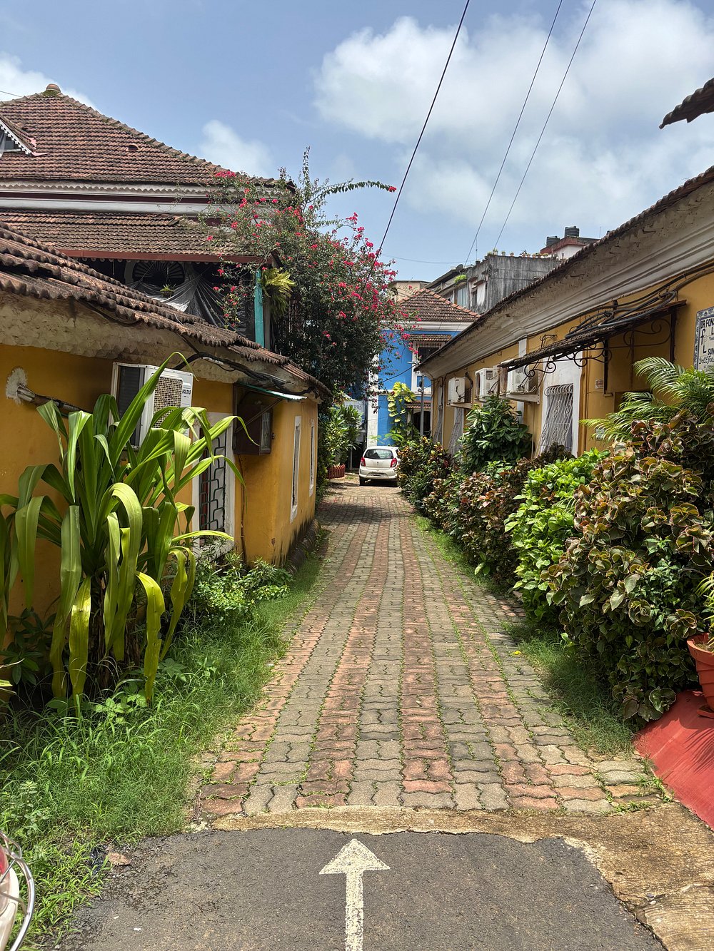 A charming narrow lane lined with yellow Portuguese-style houses, lush plants, and tiled pathways under a bright sky, capturing the heritage charm often explored in Things to do in Panjim Goa.