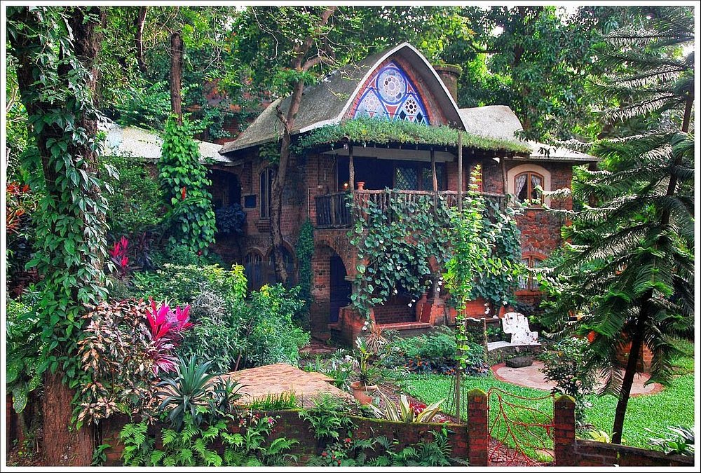 A charming rustic house surrounded by lush tropical greenery, vibrant plants, and creeping vines, creating a serene and artistic setting similar to unique cultural spaces often highlighted in Museums in Goa.