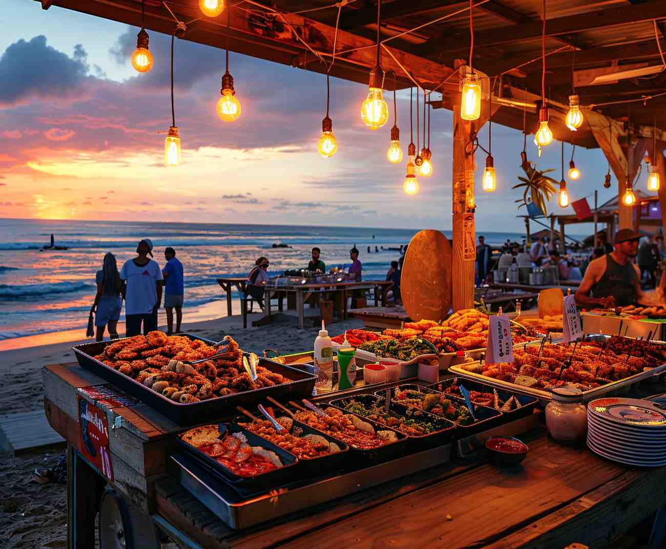 A vibrant beachside food stall lit with warm hanging bulbs, offering trays of grilled snacks as people enjoy the sunset by the shore, reflecting the energetic atmosphere often associated with nightlife in Panjim.