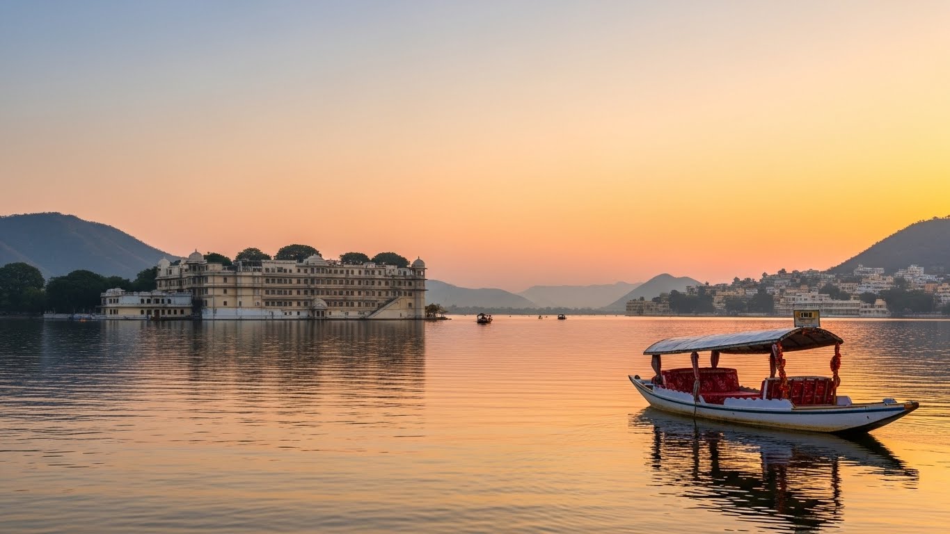 A peaceful boat ride on Lake Pichola at sunset with the Lake Palace in view, making it one of the most serene family-friendly vacation destinations.