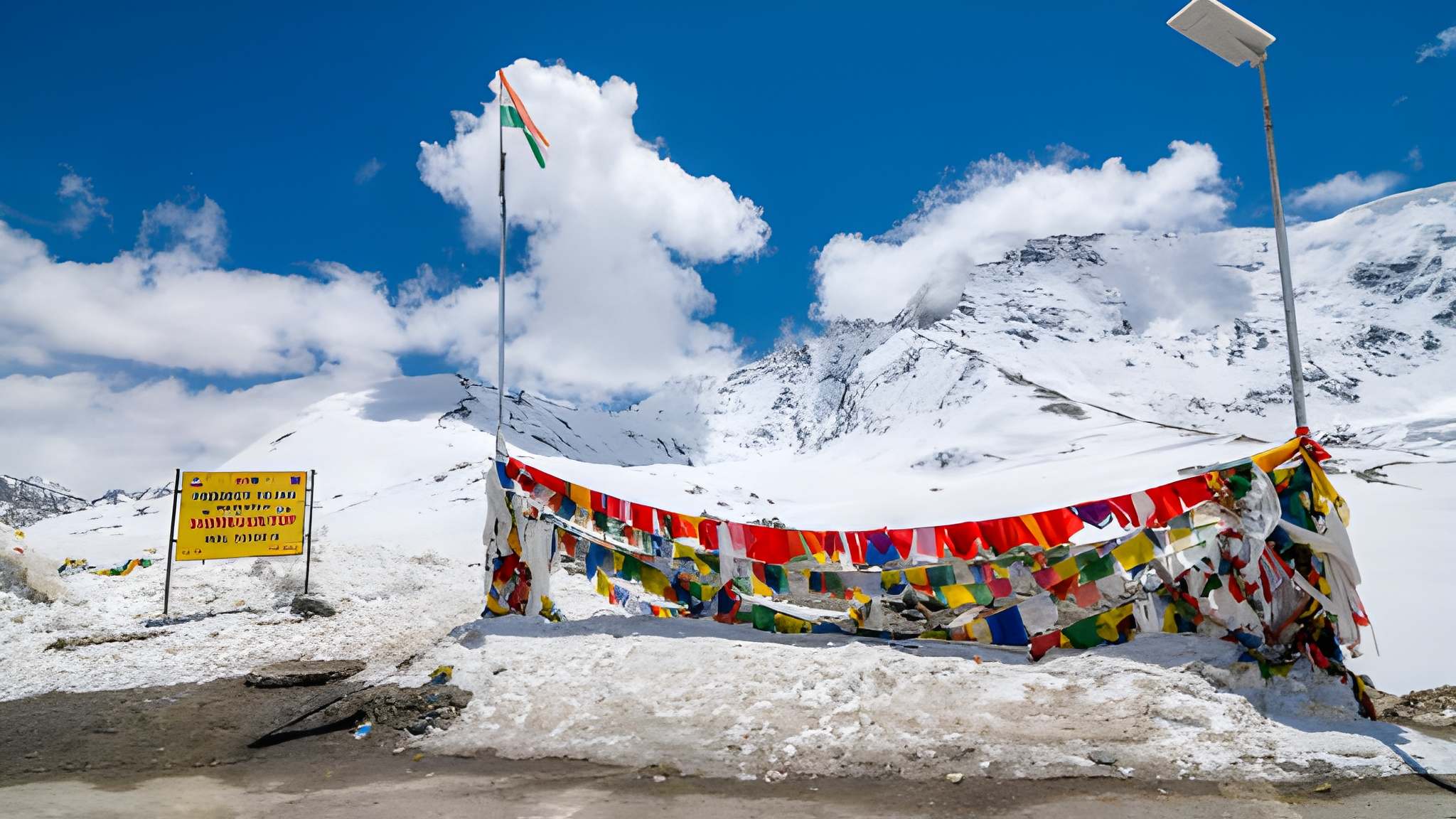 Prayer flags, snow-covered mountains, and the Indian flag at a high-altitude pass, capturing the bright winter beauty of snowfall places in India.