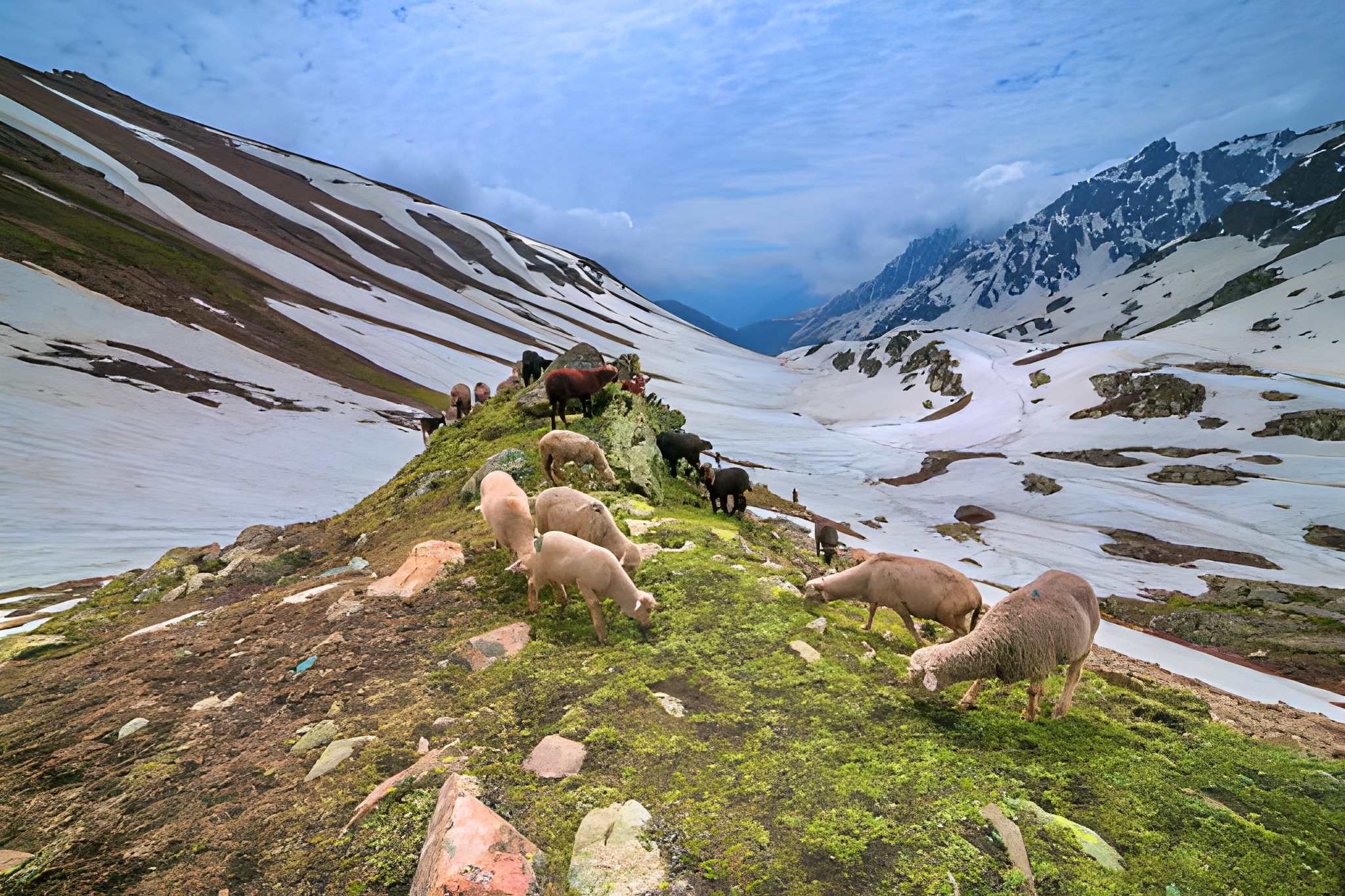 Sheep grazing on a green patch surrounded by snowy slopes and rugged mountains, reflecting the peaceful landscapes seen during snow in India December.