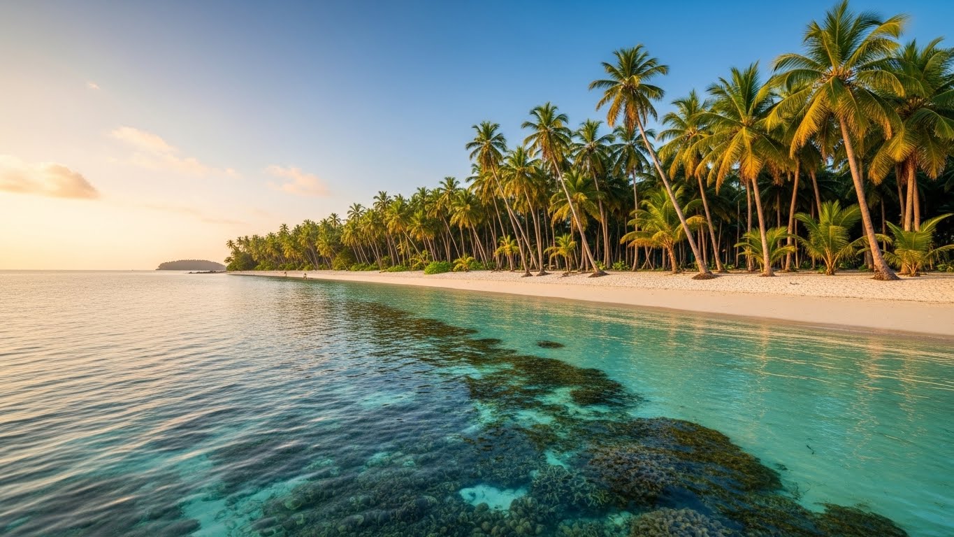 A peaceful tropical shoreline in the Andaman Islands with crystal-clear water, tall palm trees, and warm sunshine - one of the best warm places to escape winter.