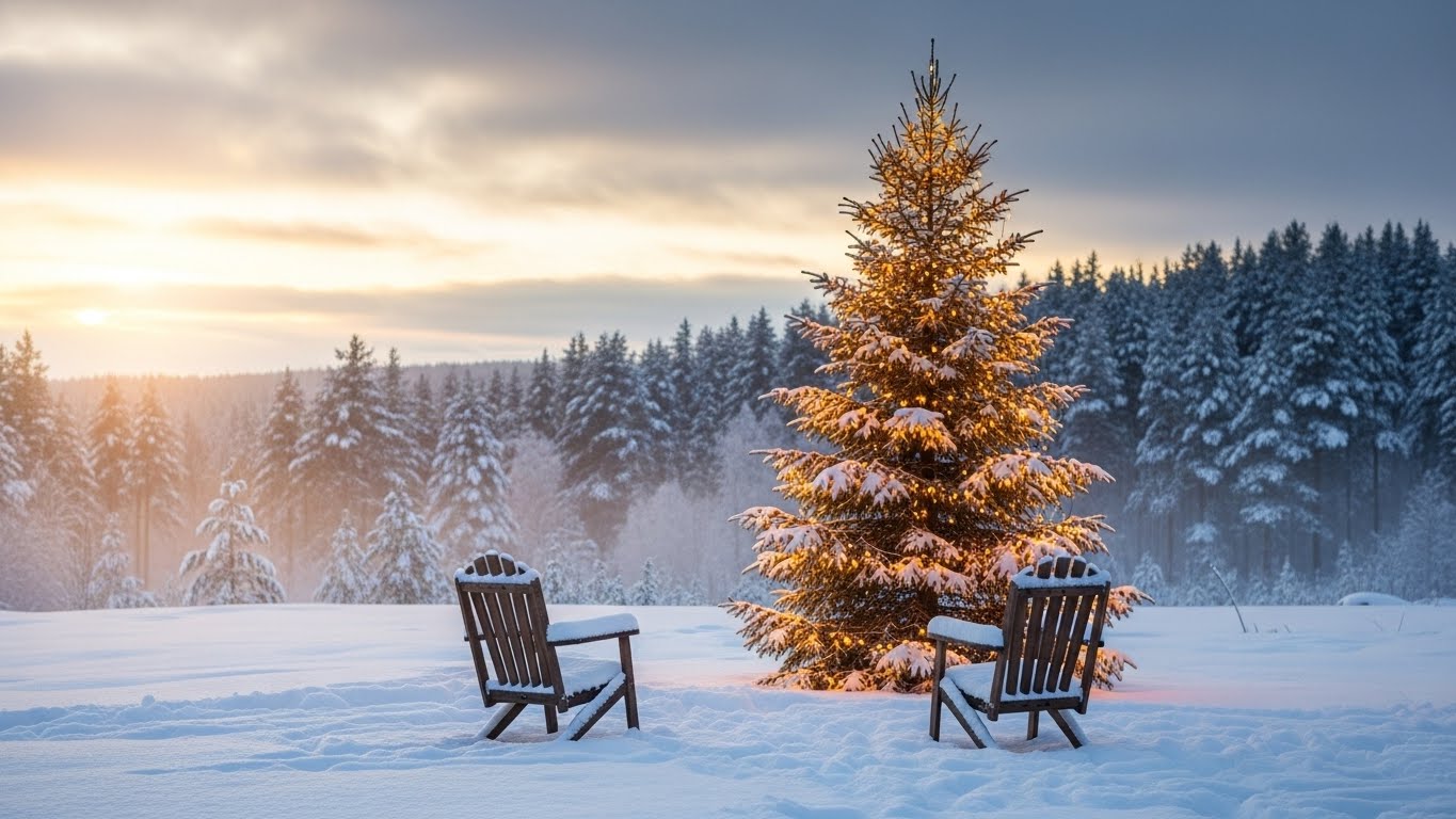 A peaceful snowy landscape with a decorated Christmas tree and two wooden chairs at sunrise, capturing a cozy festive vibe similar to the best places to celebrate Christmas in India.