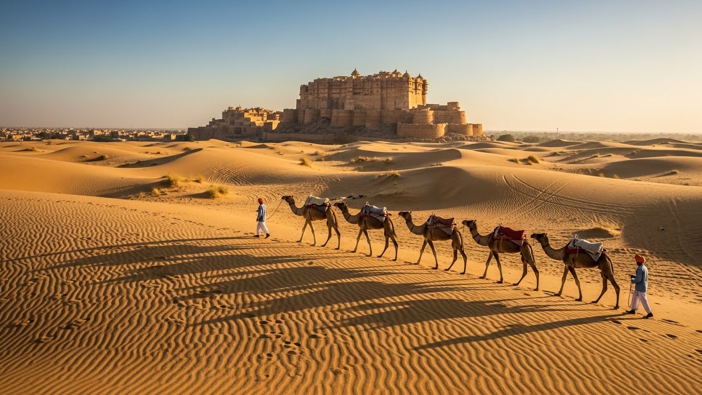Camel caravan walking across the golden dunes of Jaisalmer with the fort in the background - a hot place in India perfect for sunny winter days.