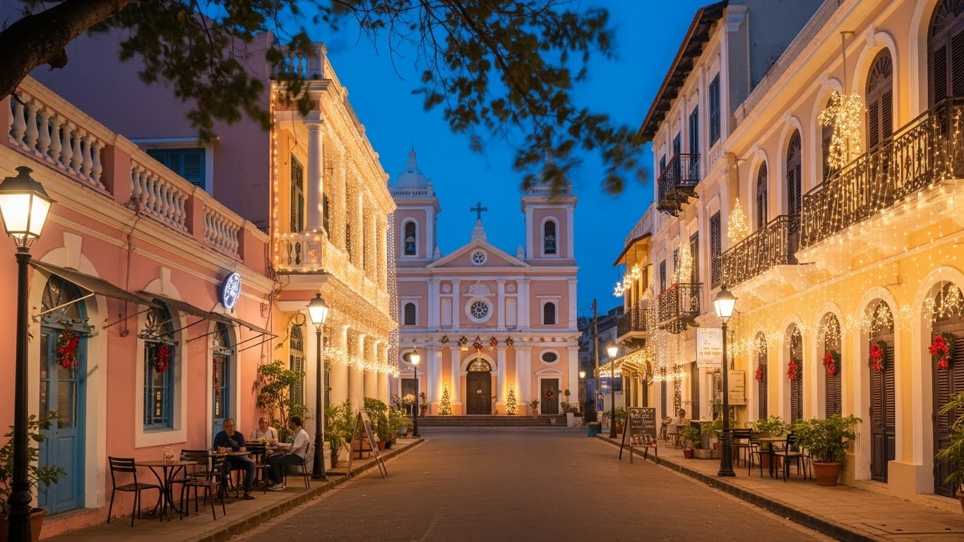 A charming European-style street in Pondicherry decorated with twinkling lights and festive ornaments during an enchanting xmas celebration.