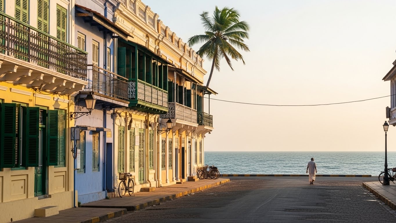 A quiet French-style street in Puducherry opening to the sea, glowing in warm sunlight - a beautiful warm place to visit in winter.