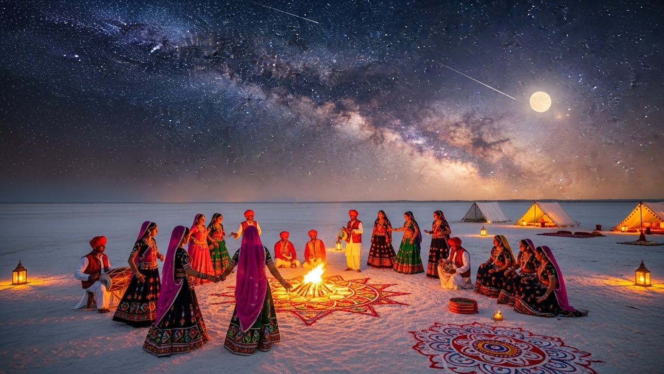 Traditional folk dancers celebrating around a bonfire under a star-lit sky in the Rann of Kutch desert, showcasing the cultural charm of the best places to visit for new year in India.