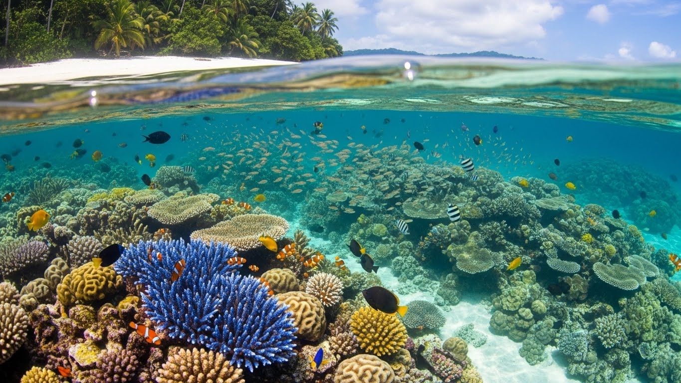 Vibrant coral reefs and colorful fish near a tropical shoreline, offering an exciting experience for families exploring Family Destinations in India.