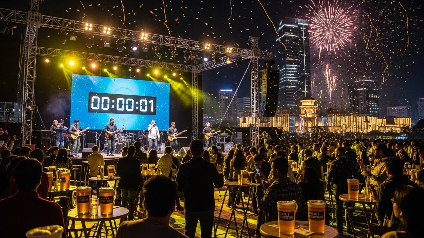 A massive crowd enjoying a live New Year concert and countdown with fireworks in Bengaluru, showing one of the best destinations to celebrate new year.