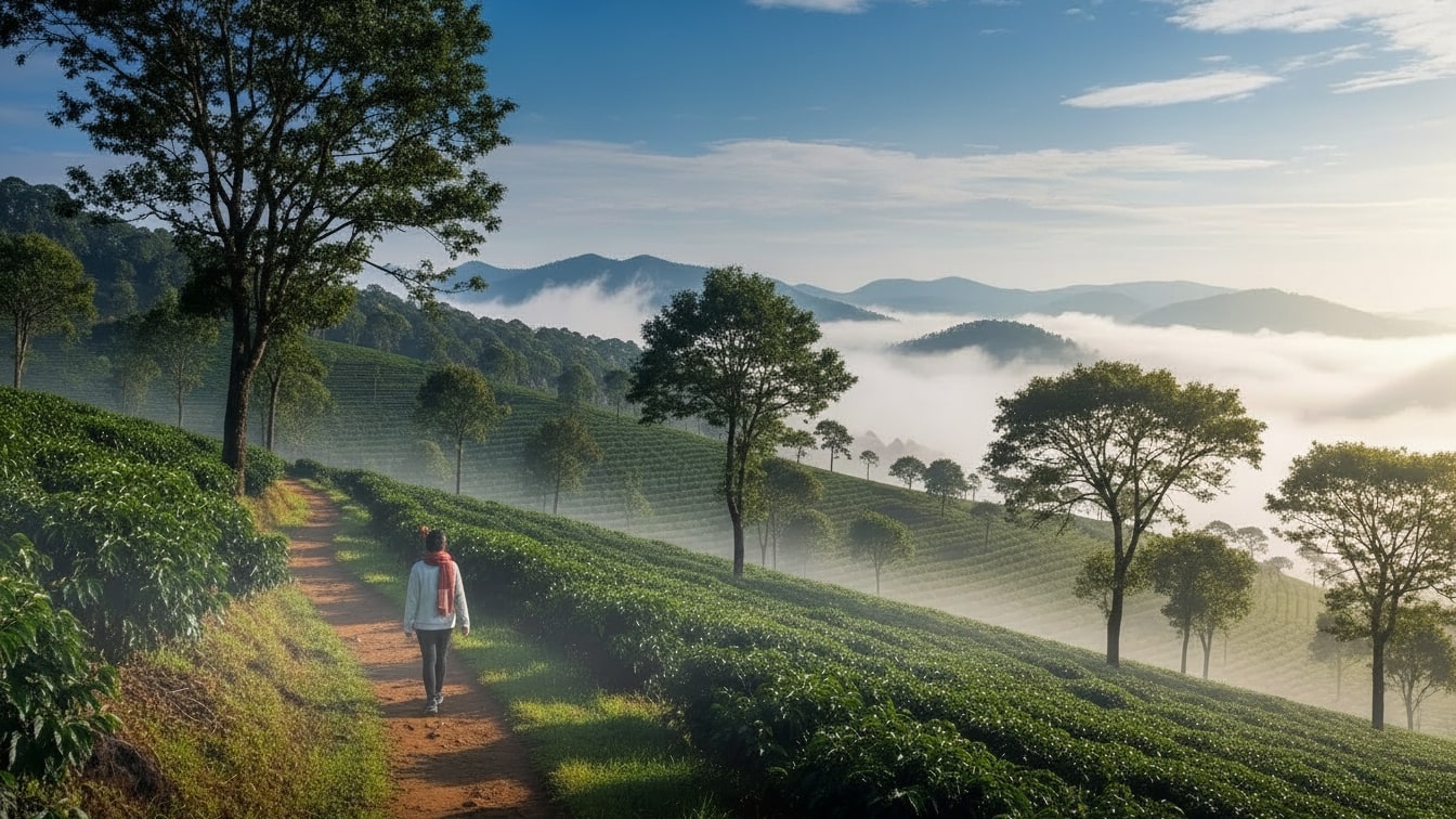 A traveler walking through misty tea plantations in Coorg, one of the best places to visit south india in december, surrounded by rolling hills and morning fog.