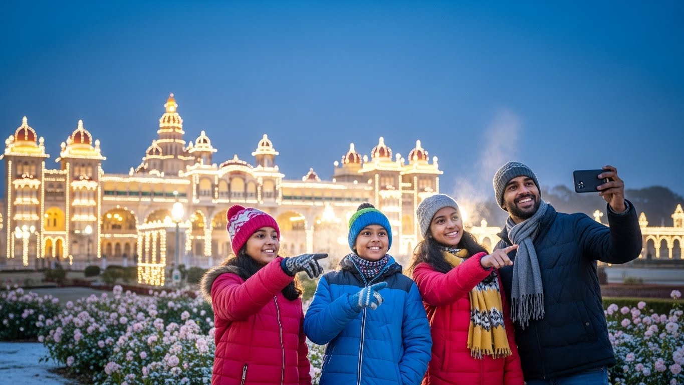 A happy family taking a selfie in front of the beautifully illuminated Mysore Palace, showcasing one of the most memorable Family Destinations in India.