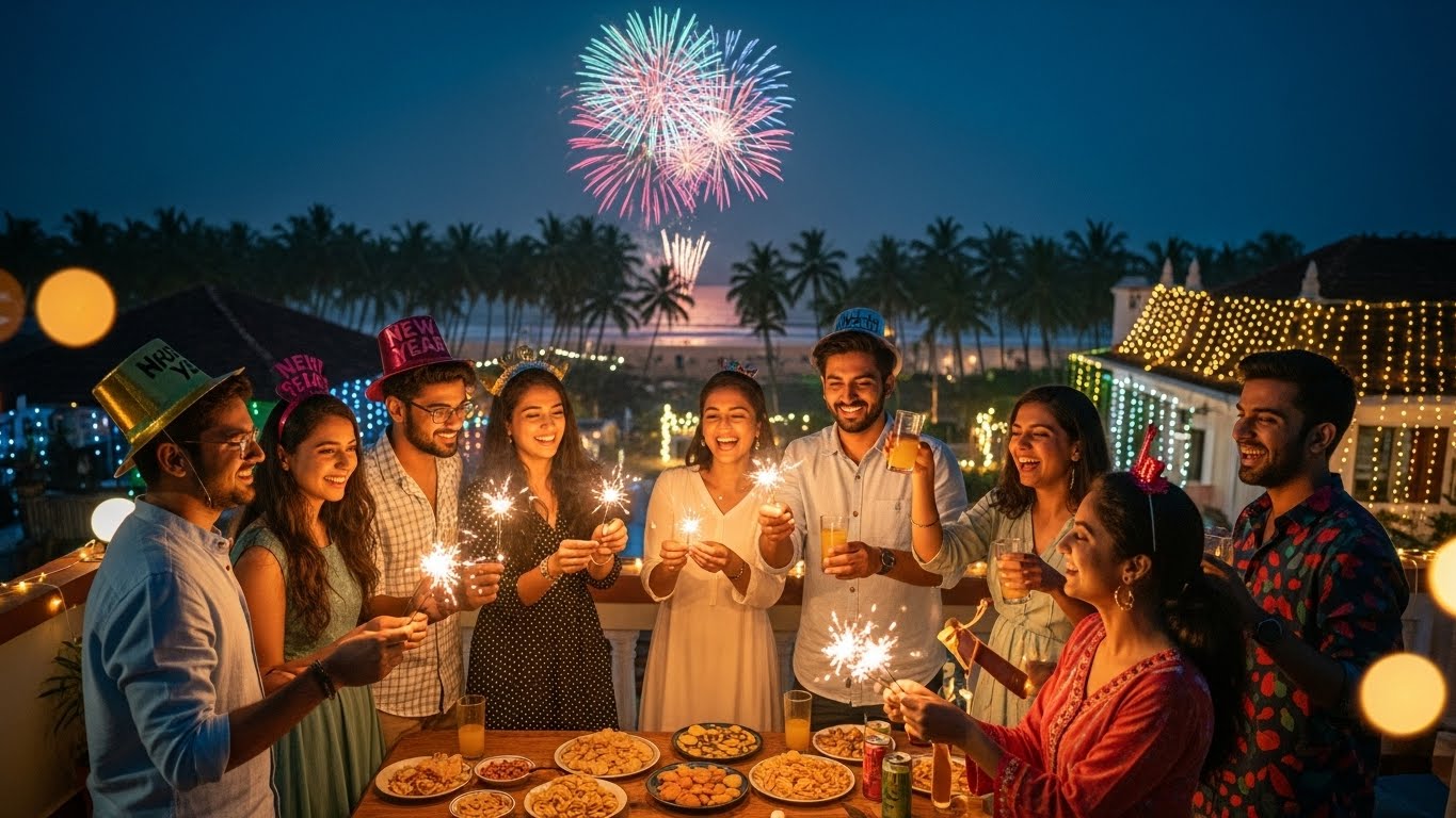 A group of friends celebrating New Year with sparklers, fireworks, and food on a festive rooftop near the beach, capturing the lively holiday vibes of some of the Best Places in India.