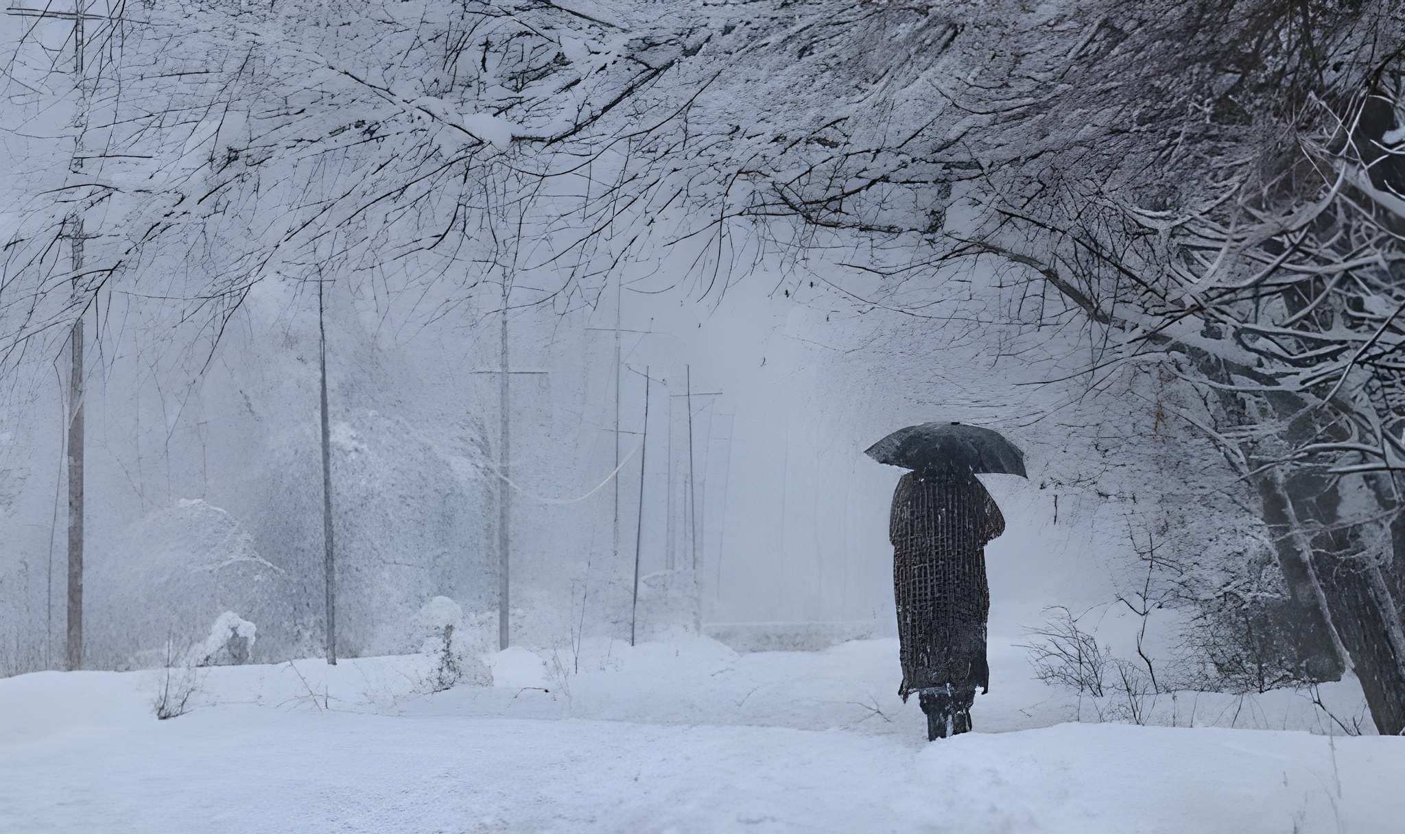 A person walking alone under an umbrella on a snow-covered road surrounded by trees during heavy snowfall, depicting peaceful winter vibes often seen in snowfall places in India.