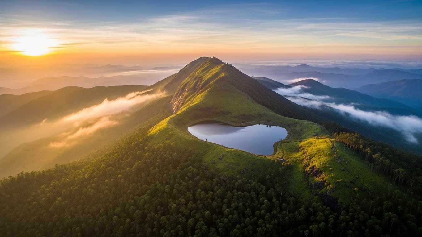 A breathtaking aerial view of a heart-shaped lake surrounded by lush green hills and sunrise clouds, showcasing one of the Best Places to Visit in South India.