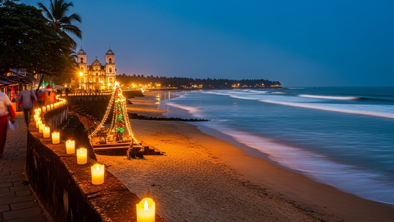 A beautifully decorated Christmas tree boat and glowing candle-lit pathway along a calm beach at dusk, capturing the warmth of a coastal christmas celebration.