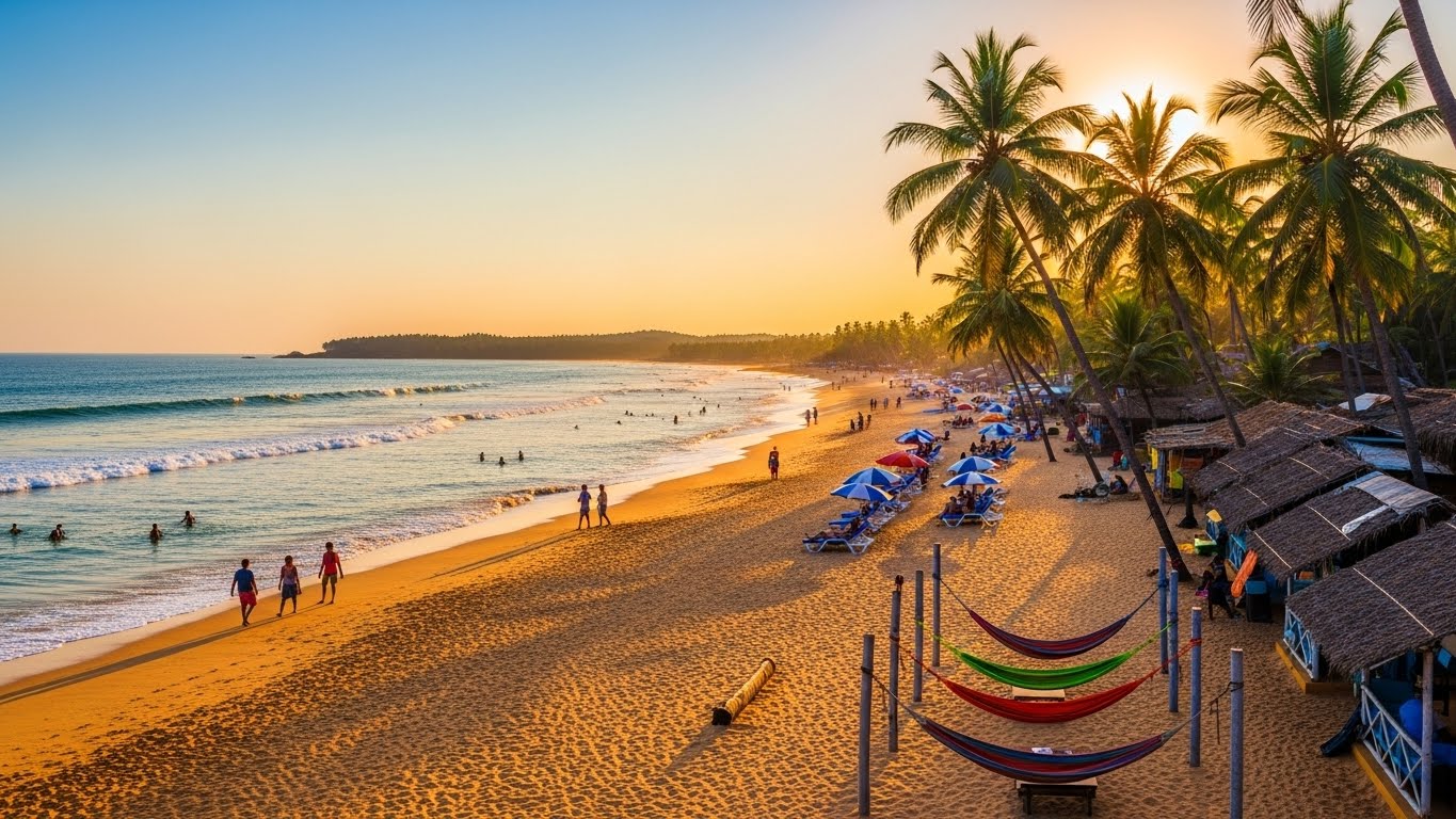 Golden sunset at a lively Goa beach with people relaxing under palm trees - a classic warm winter getaway for December travelers.
