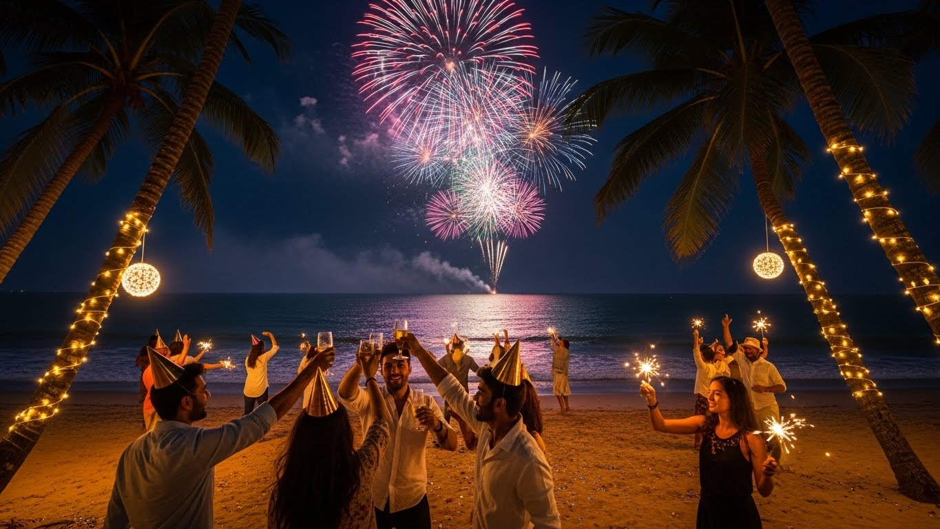 Friends celebrating New Year on a decorated beach with sparklers and fireworks lighting up the night sky, capturing the festive vibe of the best places to celebrate new year in India.