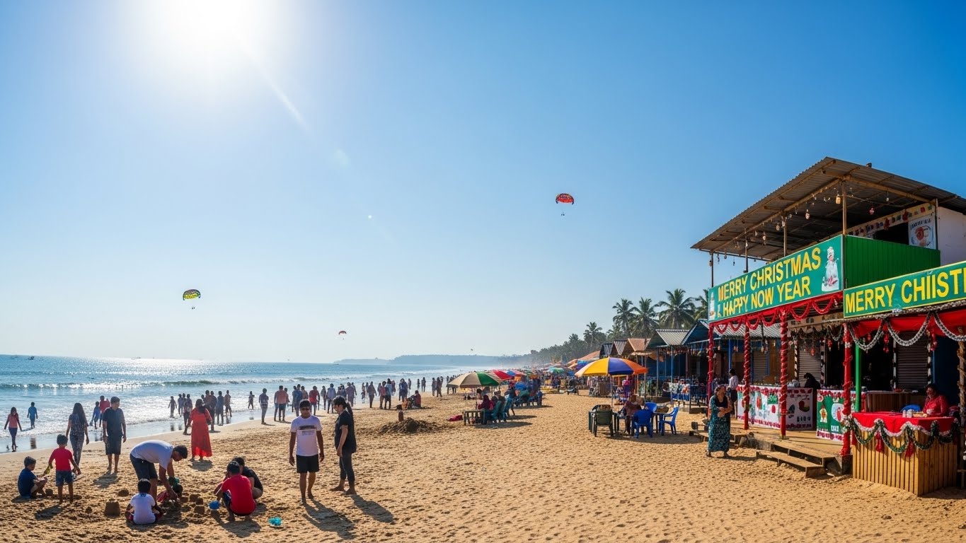 Families enjoying beach activities, parasailing, and sunny holiday vibes on a festive Goa shoreline, making it one of the most lively family-friendly destinations.