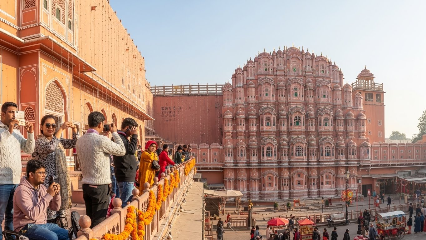 Visitors admiring the iconic Hawa Mahal in Jaipur, making it one of the most photogenic family-friendly destinations in India.