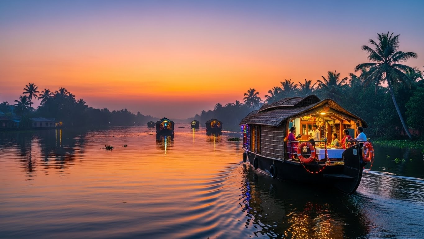 Travelers trekking through a lush green forest towards a tall cascading waterfall, a refreshing nature getaway and one of the best places to visit in december in south india.