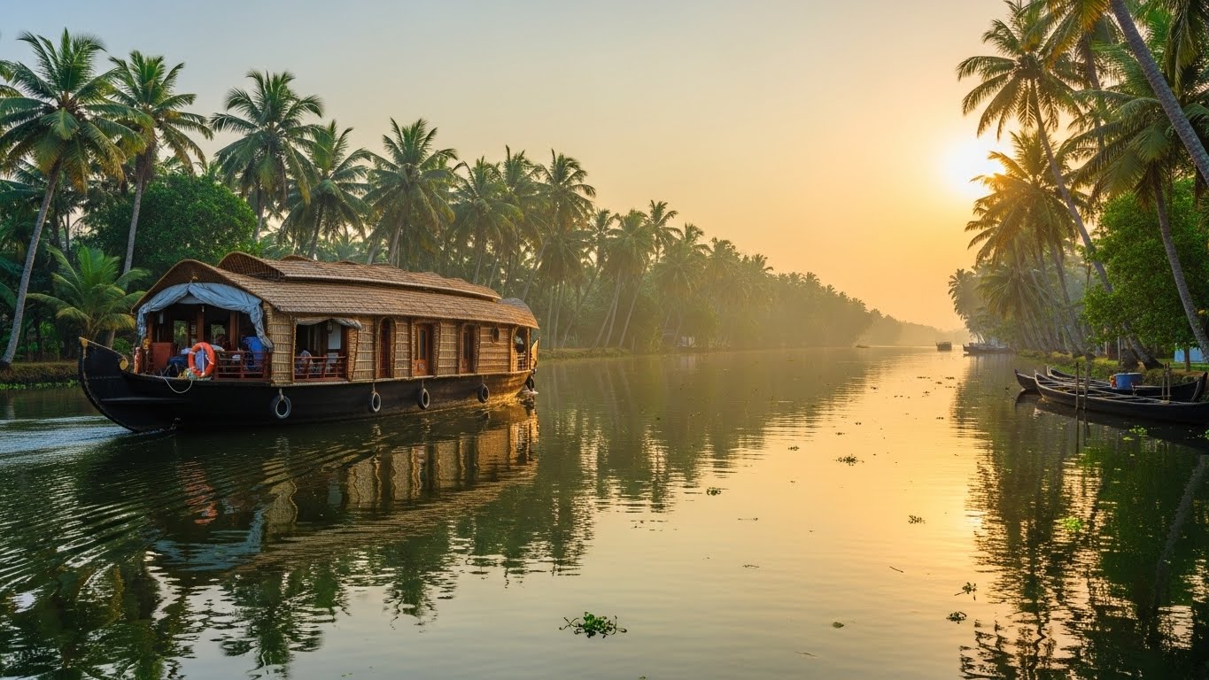 A traditional Kerala houseboat floating peacefully on warm, golden backwaters surrounded by palm trees - an ideal warm place for a winter holiday.