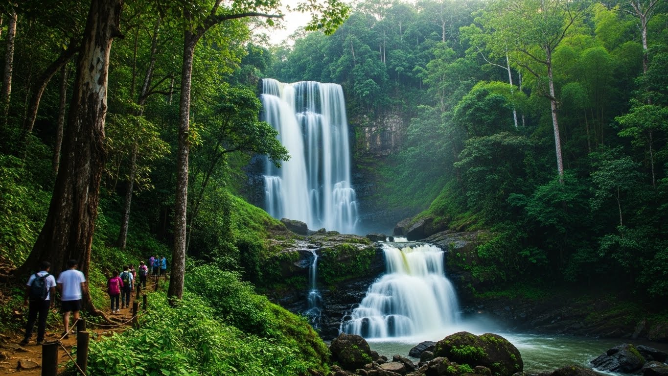 Travelers trekking through a lush green forest towards a tall cascading waterfall, a refreshing nature getaway and one of the best places to visit in december in south india.
