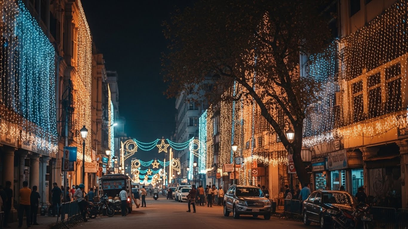 A vibrant street in Kolkata covered with dazzling lights, decorated stars, and festive crowds enjoying the city’s iconic christmas celebration.