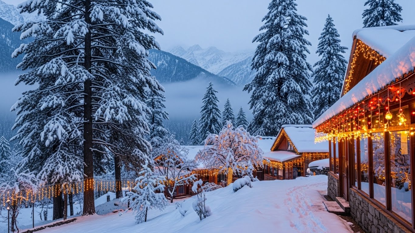 A snow-covered mountain resort in Manali glowing with warm Christmas lights, offering one of the best places to celebrate christmas in india for snow lovers.