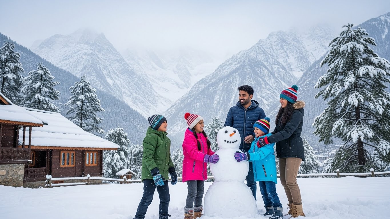 A joyful family building a snowman in the snowy mountains of Manali, highlighting one of the best Family Destinations in India.
