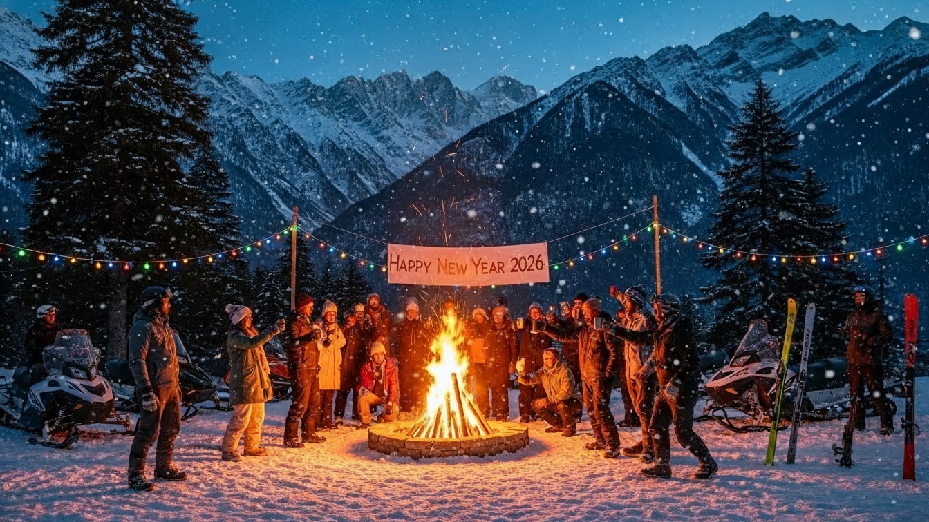 Group of people enjoying a New Year bonfire in the snowy mountains of Manali, reflecting one of the best places to celebrate new year in India.