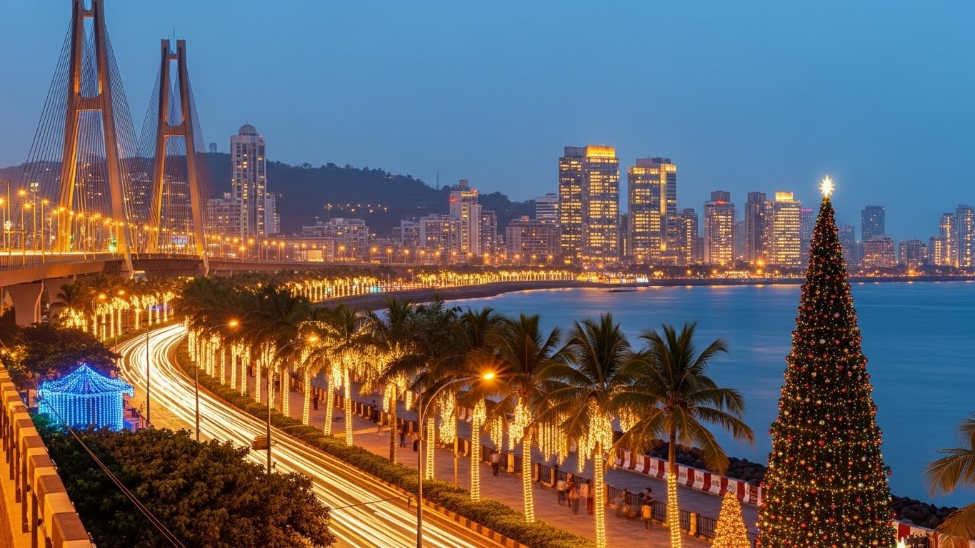 Mumbai’s Bandra-Worli Sea Link beautifully lit up with festive lights and a giant Christmas tree shining along the coastline.