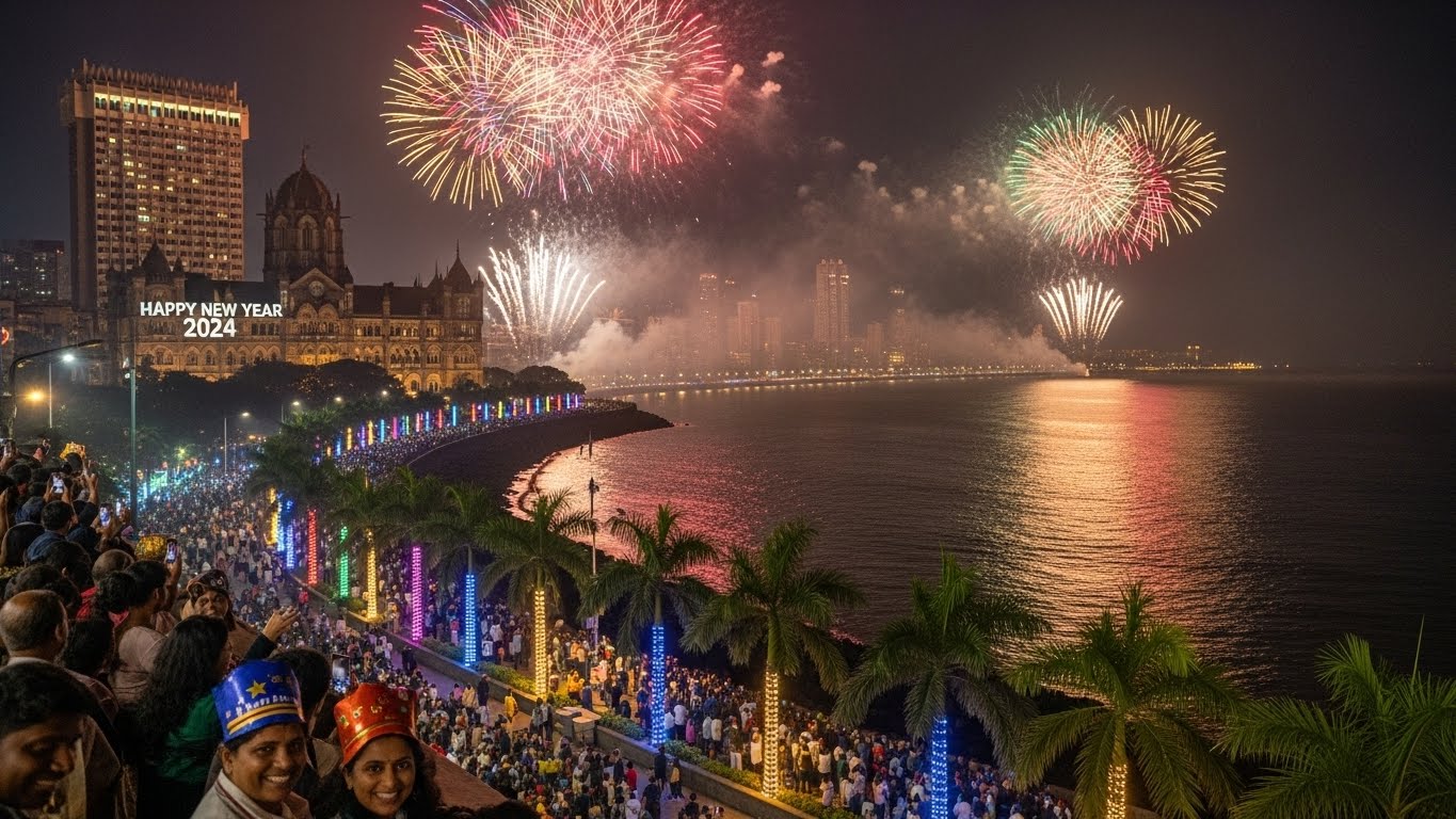 Massive crowd celebrating New Year at Marine Drive with fireworks lighting up the Mumbai skyline, capturing the festive charm of one of the best destinations to celebrate new year.