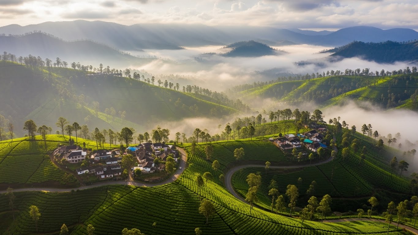 Aerial view of sunrise over Munnar’s fog-covered tea gardens and rolling hills, making it one of the best places to visit south india in december for nature lovers.