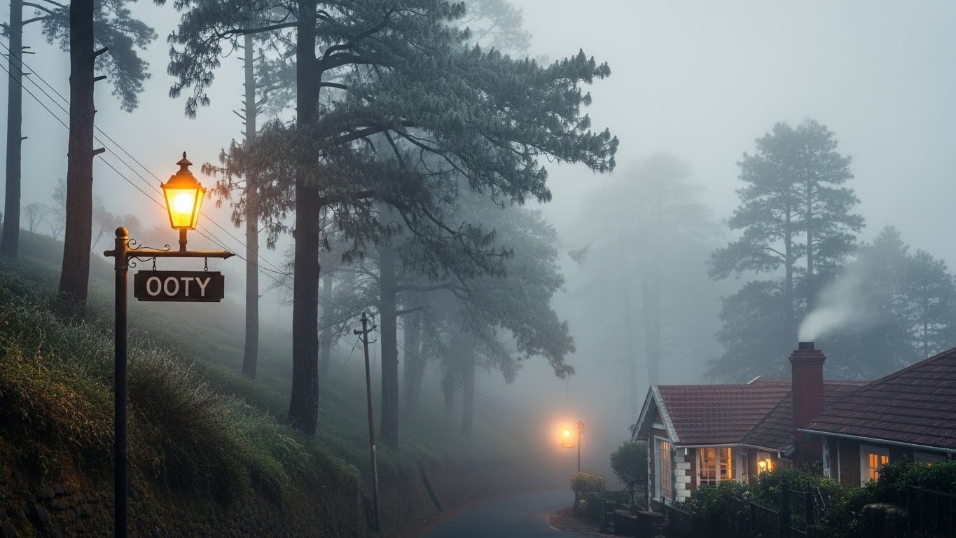 A quiet misty street in Ooty with warm glowing lamps and pine trees, a cozy hill station escape and one of the best places to visit in december in india.