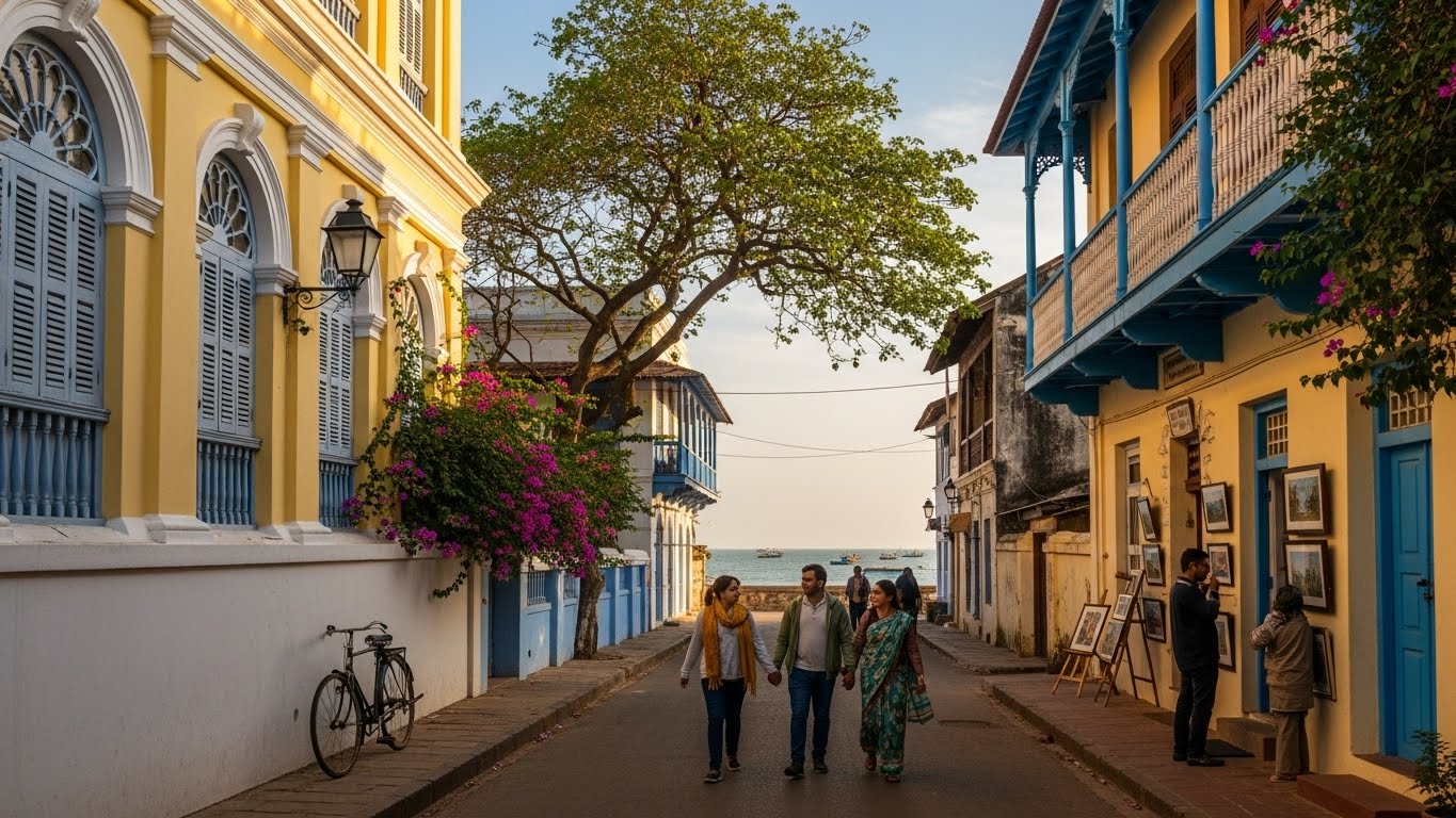 Tourists walking through the colorful French Colony streets of Pondicherry near the seaside, a charming coastal getaway and one of the best places to visit in december in south india.