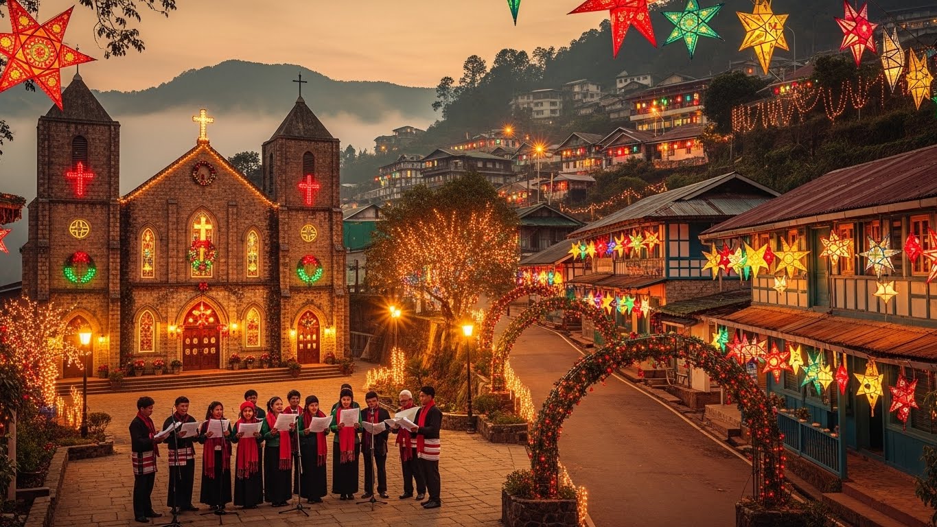 A church in Shillong decorated with bright star lanterns and warm lights as a choir performs, showcasing heartfelt indian celebrating christmas traditions.