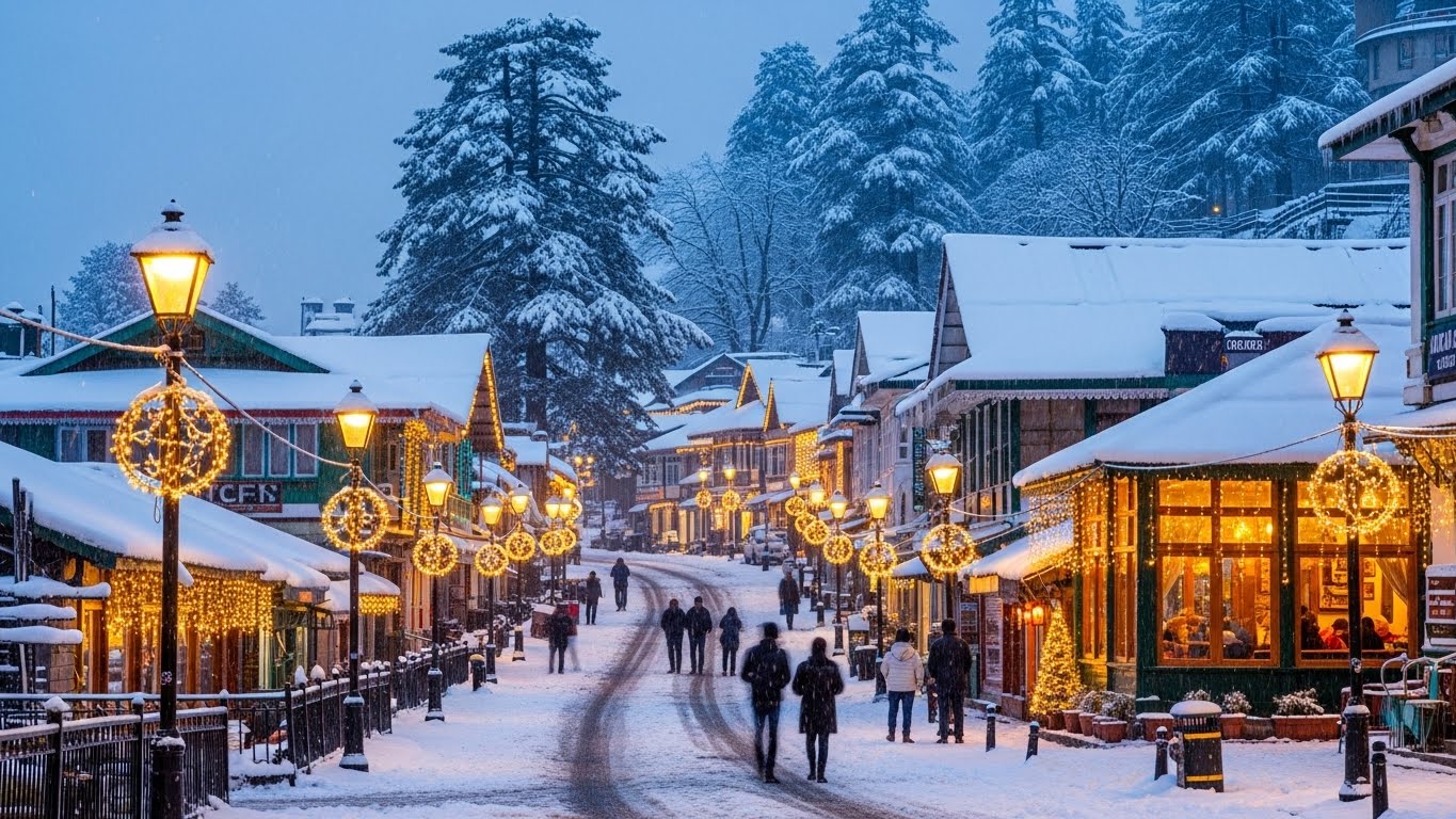 A snowy street in Shimla lined with glowing Christmas lights and cozy shops, creating a magical festive winter scene.