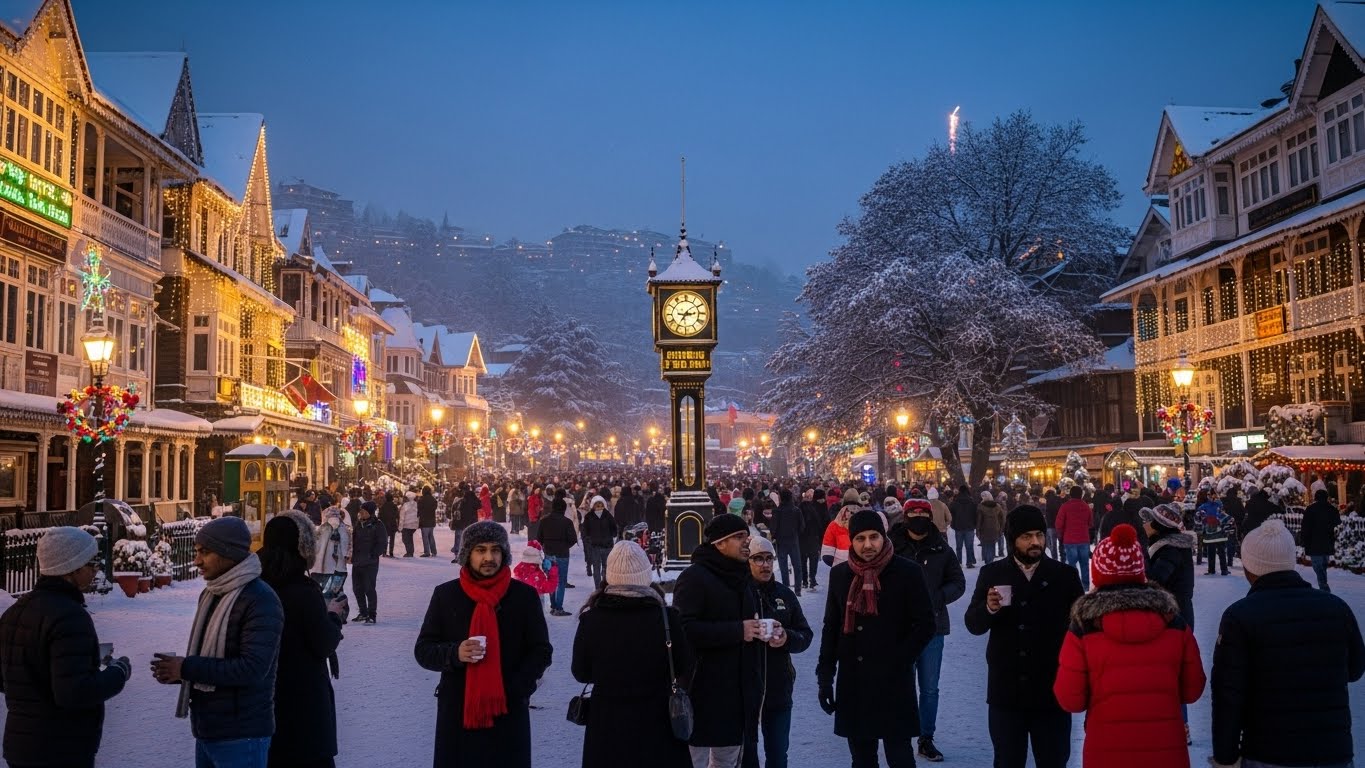 Crowds celebrating New Year on a snowy street in Shimla, surrounded by decorated colonial buildings, making it a popular destination for new year in India.