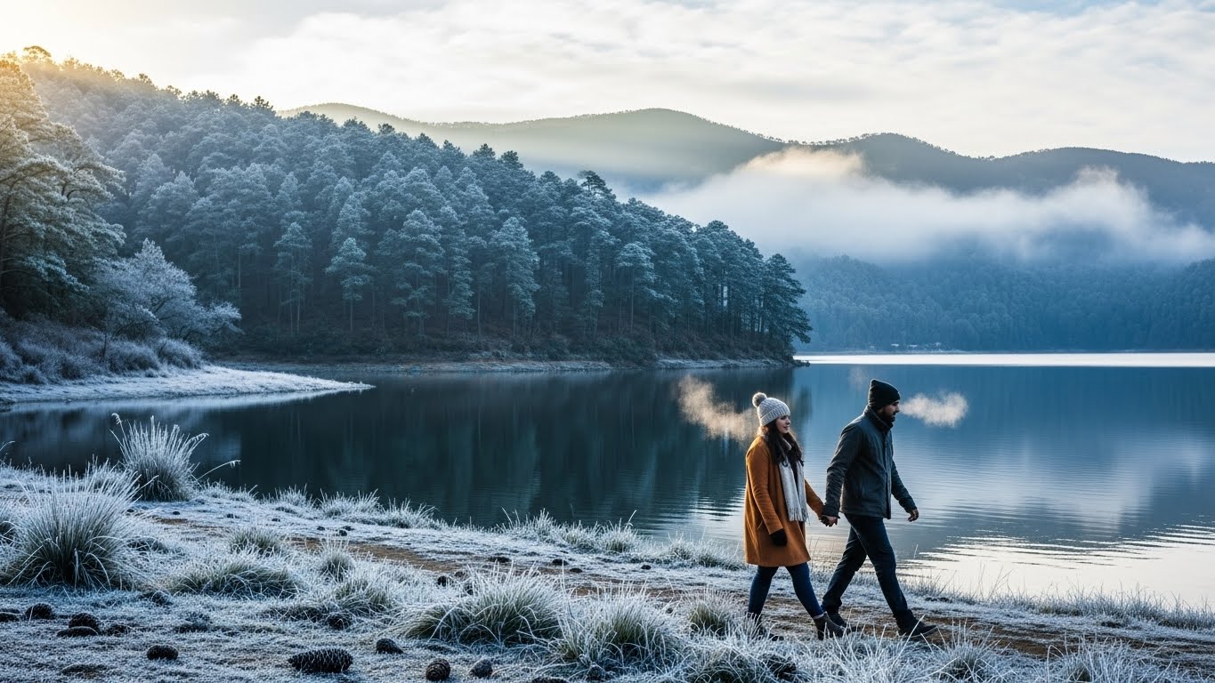 A couple walking by a frost-covered lakeside surrounded by pine forests in Tamil Nadu, offering a peaceful winter retreat and among the best places to visit in december in india.