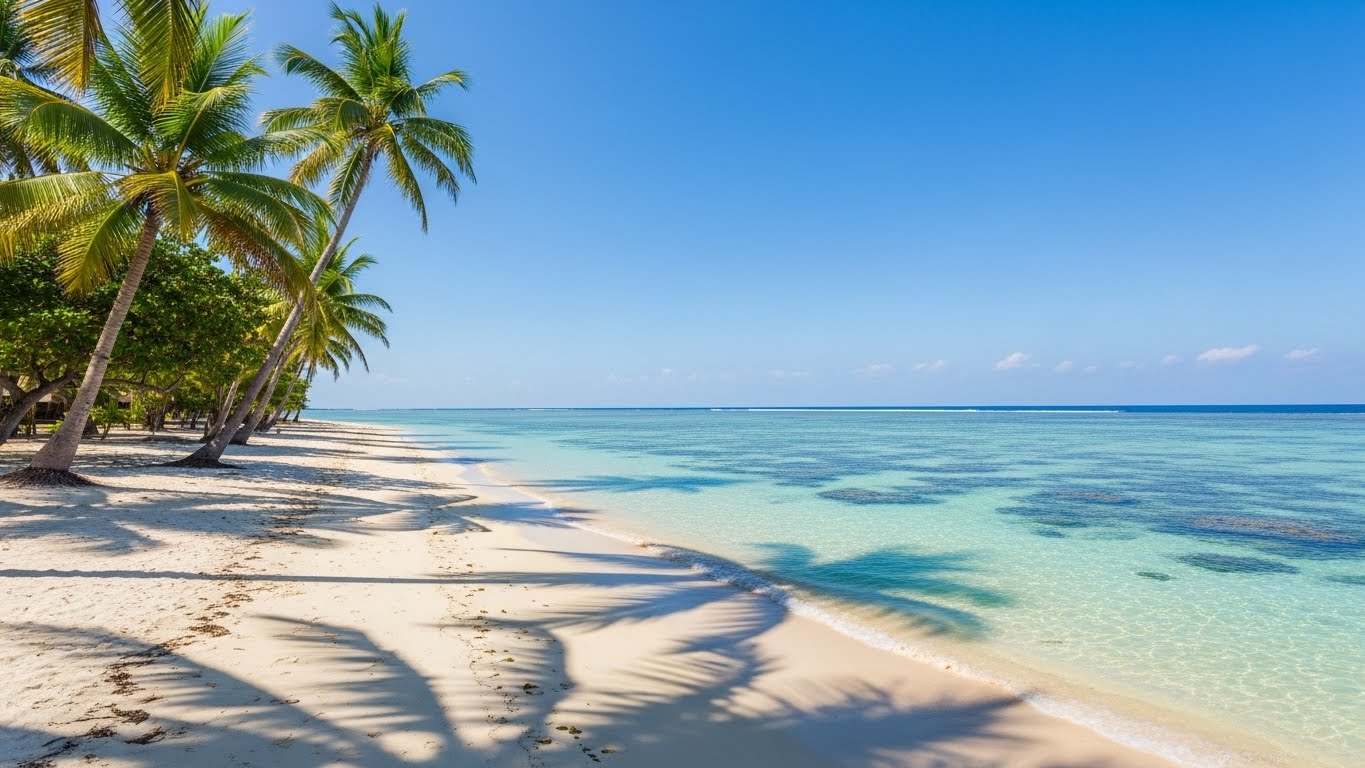 A peaceful tropical beach with clear turquoise water, palm trees, and warm places perfect for a sunny getaway.