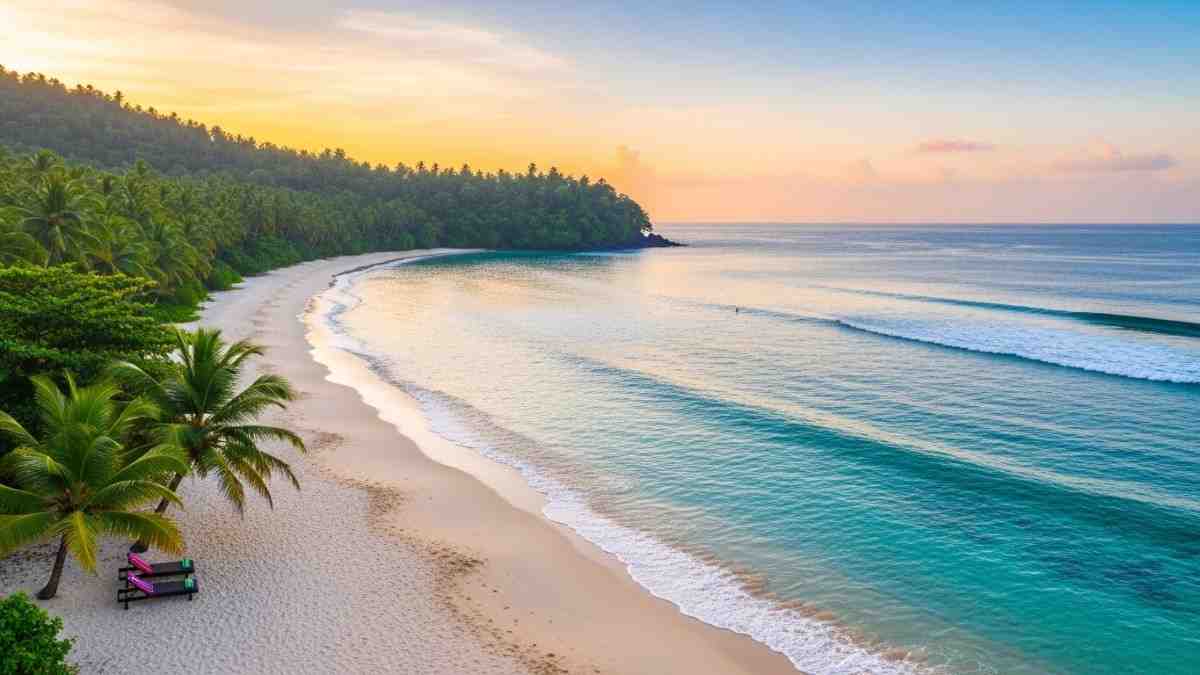 Tropical beach with palm trees and calm waves, winter travel places in India