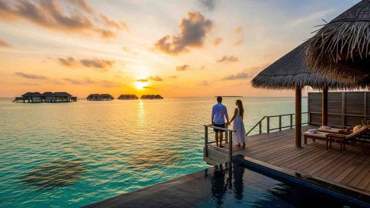 A couple enjoying a sunset by the sea, showcasing the Best Honeymoon Destinations in India for couples seeking romance and privacy