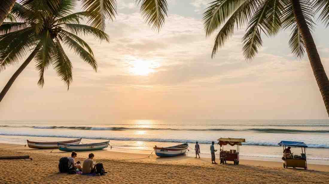 Sunset view at a peaceful beach with palm trees and boats, showcasing the best places to visit in India in low budget for relaxed coastal travel