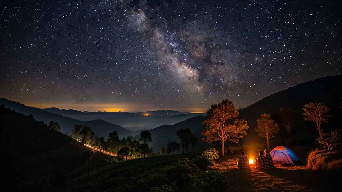 Campers sitting by fire watching star-filled sky over forested hills
