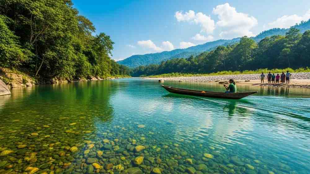 Crystal-clear river flowing through lush green hills in Meghalaya, one of the most peaceful places to visit in North East India in January