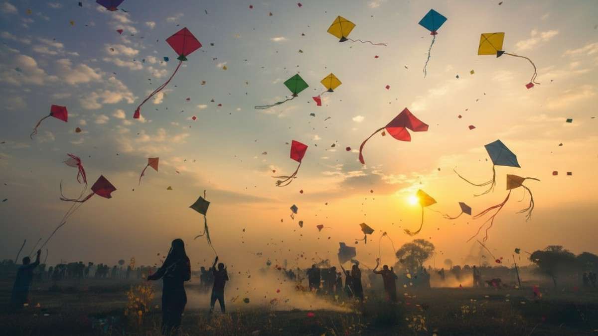 People flying kites at sunset during January festivals in India, capturing joy, community, and seasonal celebrations