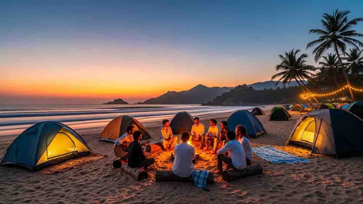 Beachside tents with group sitting around bonfire at sunset