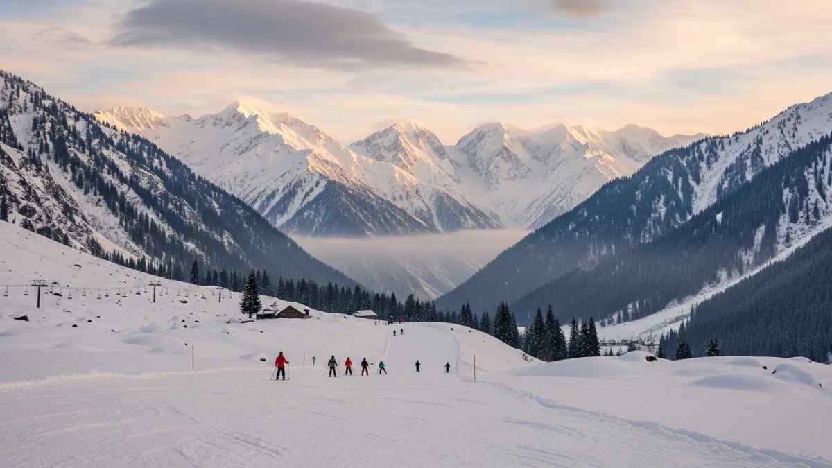 Snowy mountain slope with skiers enjoying winter sports in February